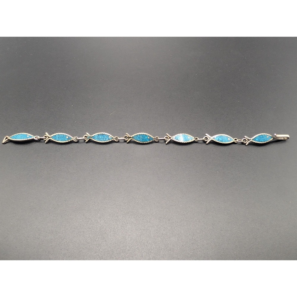 Sterling Silver Ichthus Bracelet Stabilized Turquoise Inlay Religious Prayer